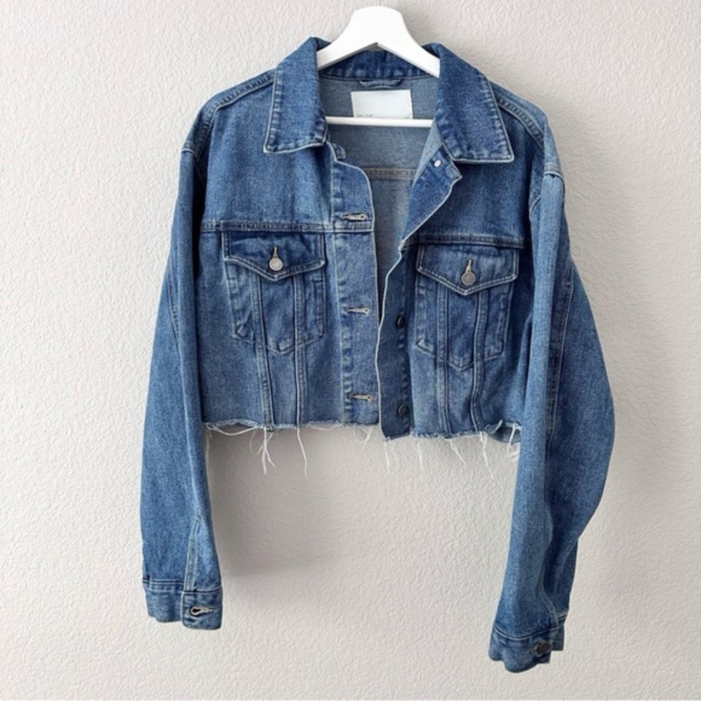 Oak + Fort Stylish Blue Cropped Denim Jacket